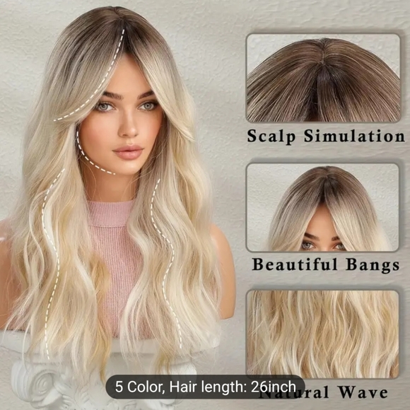 26.0 Inch Blonde Wig, Dark Root Curly Wavy Long Wig, Natural Fluffy Synt… - Picture 5 of 7